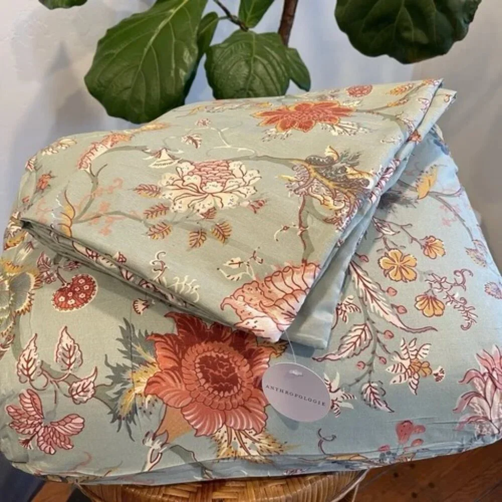 NEW Anthro Green Floral Queen / King Size Boho Retro Duvet Bedding Sham Case Set